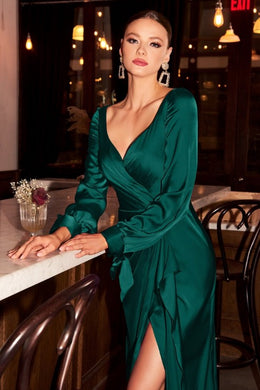 Whimsical Emerald Satin Wrap Long Sleeve Maxi Dress