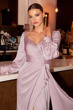 Load image into Gallery viewer, Whimsical Dark Mauve Satin Wrap Long Sleeve Maxi Dress