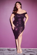 Load image into Gallery viewer, Plus Size Gold Sequined Off Shoulder High Slit Midi Dress