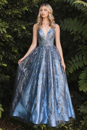 Deep V-Neck Smoky Blue Floral Glitter Ball Gown