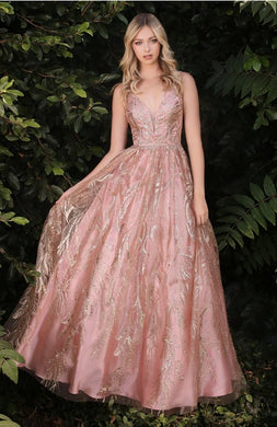 Deep V-Neck Rose Gold Floral Glitter Ball Gown