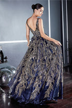 Load image into Gallery viewer, Deep V-Neck Gold Navy Floral Glitter Ball Gown