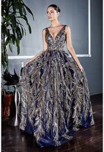 Load image into Gallery viewer, Deep V-Neck Gold Navy Floral Glitter Ball Gown