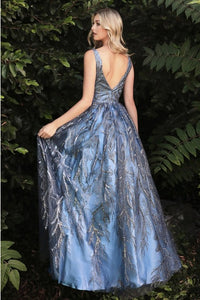 Deep V-Neck Smoky Blue Floral Glitter Ball Gown