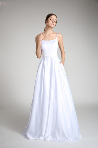 Dreamy White Spaghetti Strap Chiffon A Line Wedding Dress