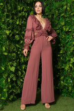 Load image into Gallery viewer, Swiss Dot Dusty Pink Deep V-Neck Long Sleeve Jumpsuit