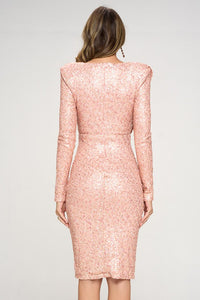 Crushed Multi-Color Pink Sequined Long Sleeve Midi Dress