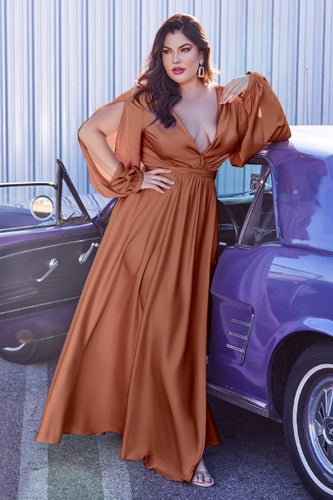 Plus Size Brown Long Sleeve Satin Draped Maxi Dress