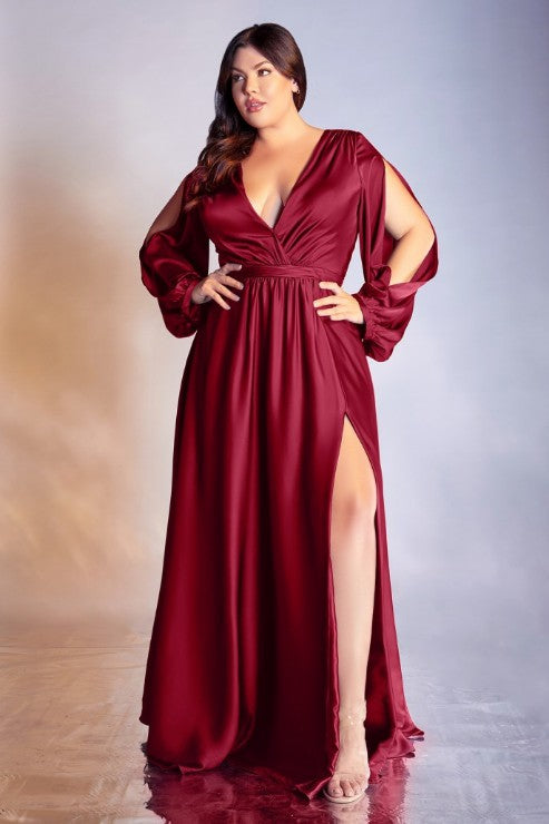 Plus Size Burgundy Long Sleeve Satin Draped Maxi Dress
