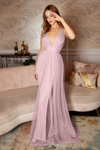 Isles of Chiffon V Plunge Soft Pink Backless Maxi Dress