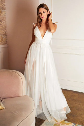 Isles of Chiffon V Plunge White Backless Maxi Dress