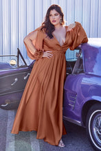 Load image into Gallery viewer, Plus Size Chestnut Orange Long Sleeve Cut Out Satin Curvy Maxi Dress w/Split