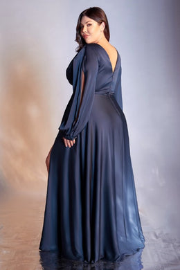 Plus Size Navy Blue Long Sleeve Cut Out Satin Maxi Dress