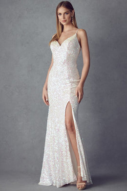 Beautiful Fitted Sequin White Evening Gown with Side Slit