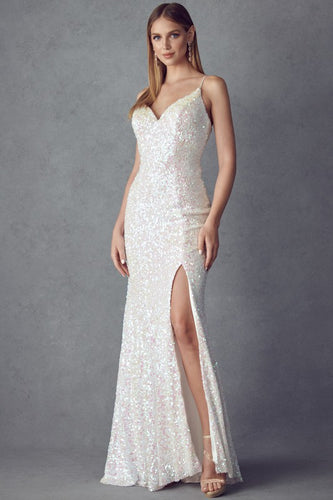 Beautiful Fitted Sequin White Evening Gown with Side Slit