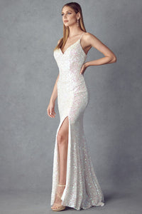 Beautiful Fitted Sequin White Evening Gown with Side Slit