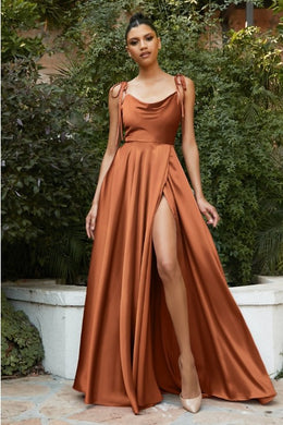 French Satin Sienna Brown Backless High Split Maxi Dress