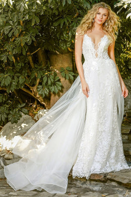 White Embroidered Lace and Beads Gown with Overskirt