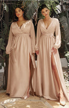 Load image into Gallery viewer, Plus Size Mauve Satin Long Sleeve Maxi Dress