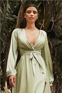 Milan Emerald Green Long Sleeve Satin V Cut Gown