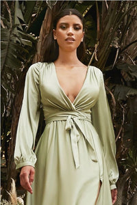 Milan Sage Green Long Sleeve Satin V Cut Gown