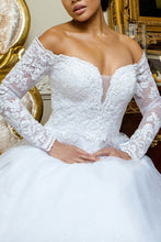 Load image into Gallery viewer, White Embroidered Mesh Sweetheart Long Sleeve Wedding Gown