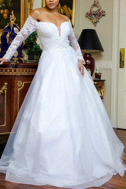 White Embroidered Mesh Sweetheart Long Sleeve Wedding Gown