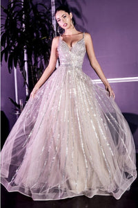 Glitter Platinum Double V-Neck A-Line Embellishment Tulle Gown