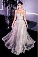 Load image into Gallery viewer, Glitter Platinum Double V-Neck A-Line Embellishment Tulle Gown
