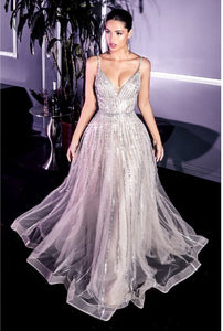 Glitter Platinum Double V-Neck A-Line Embellishment Tulle Gown