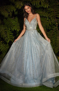 Glitter Blue Double V-Neck A-Line Embellishment Tulle Gown