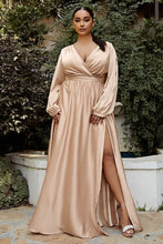 Load image into Gallery viewer, Plus Size Pleated Emerald Green Satin Long Split Sleeve Maxi Dress