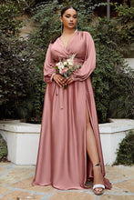 Load image into Gallery viewer, Plus Size Pleated Emerald Green Satin Long Split Sleeve Maxi Dress