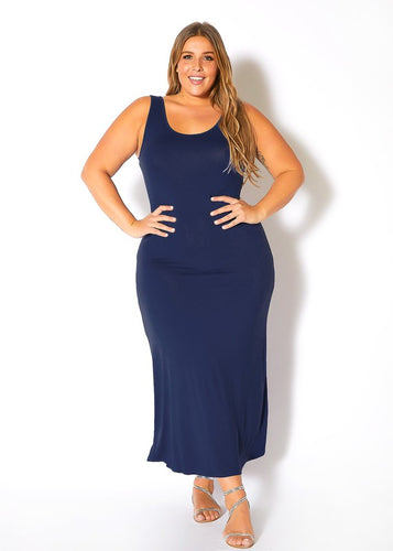 Plus Size Navy Blue Sleeveless Scoop Neck Maxi Dress