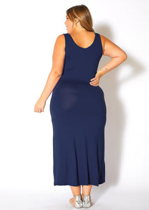 Plus Size Navy Blue Sleeveless Scoop Neck Maxi Dress