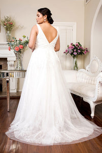 Textured White Lace V Back Sleeveless Wedding Gown