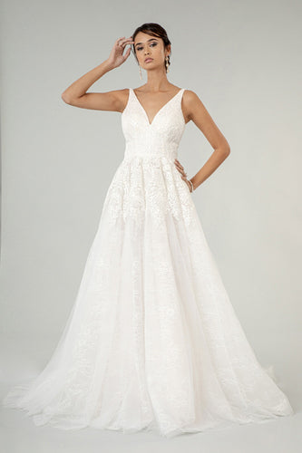 Textured White Lace V Back Sleeveless Wedding Gown