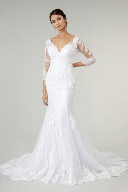 Crystal V-Neck Floral Embroidery Mesh Wedding Gown