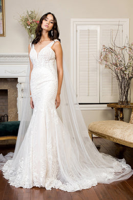 Embroidered Lace Mermaid Wedding Gown w/ Detachable Cape