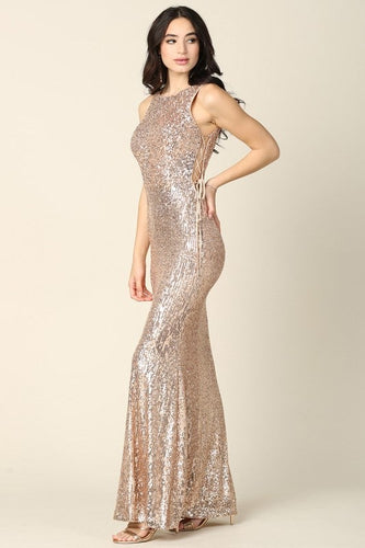 Same Day Shipping-Beautiful Rose Gold Lace Up Sequin Mermaid Gown