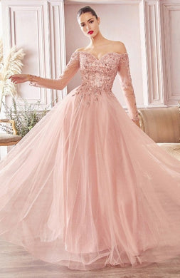 Siena Pink A-Line Off Shoulder Layered Beaded Tulle Gown