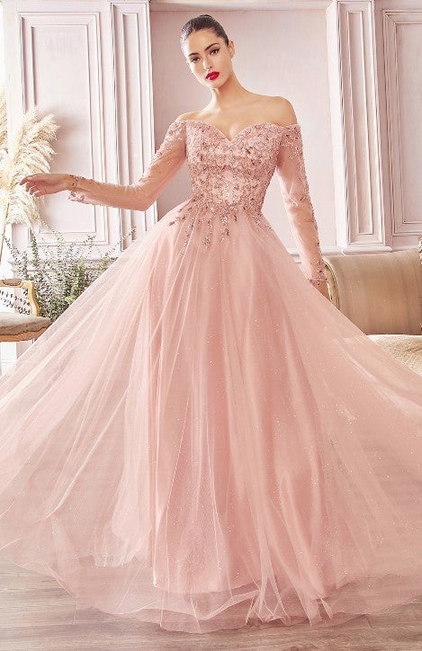 Siena Pink A-Line Off Shoulder Layered Beaded Tulle Gown
