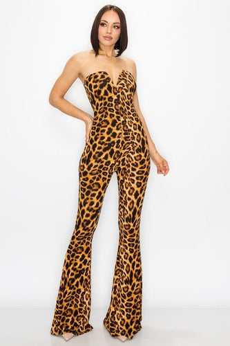 Leopard Strapless V Cut Bell Sleeve Jumpsuit