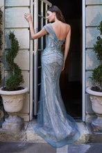 Load image into Gallery viewer, Asymmetrical One Shoulder Sea Mist High Slit Tulle Gown
