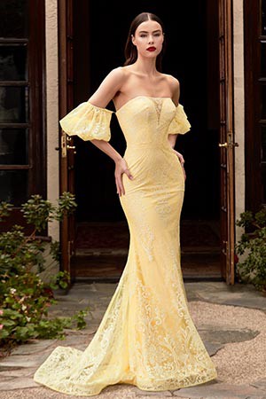 Floral Lace Yellow Off Shoulder Mermaid Evening Dress