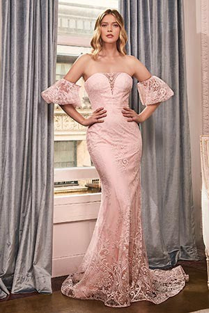 Floral Lace Blush Off Shoulder Mermaid Evening Dress