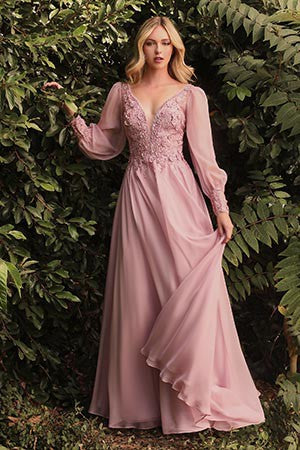 Chiffon Mauve Long Sleeves V Neck Formal Dress