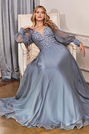 Chiffon Smoky Blue Long Sleeves V Neck Formal Dress