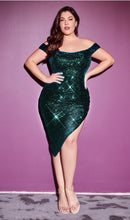 Load image into Gallery viewer, Plus Size Gold Sequined Off Shoulder High Slit Midi Dress