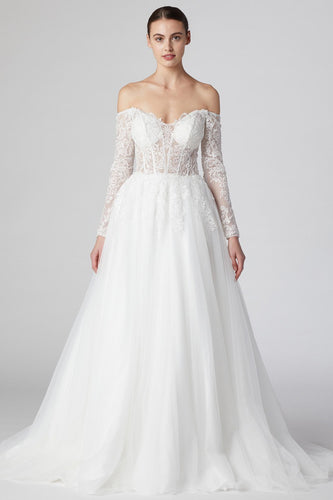 Lace Off White Sweetheart Neck Off Shoulder Tulle Gown